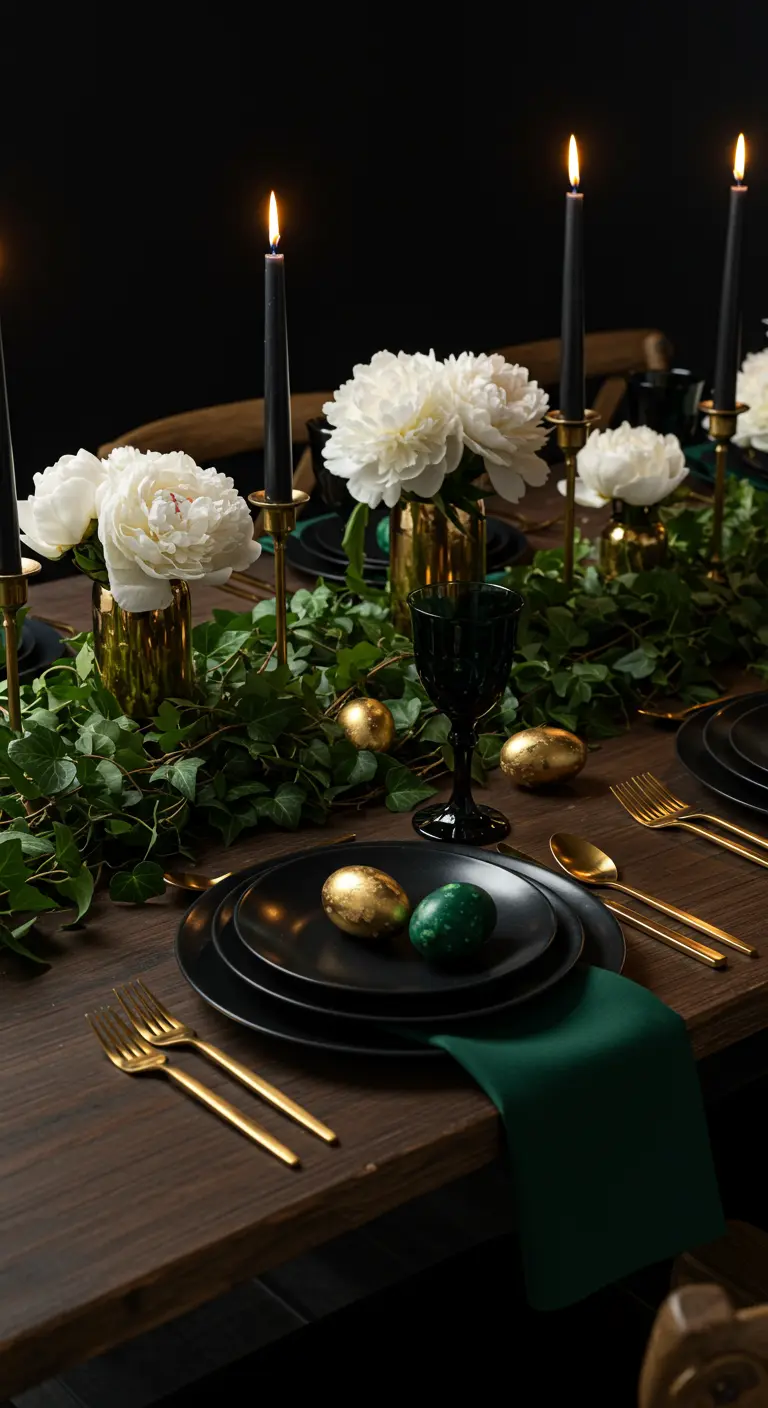 Table de Pâques noire et or avec des pivoines blanches dans des vases dorés et des bougies noires.