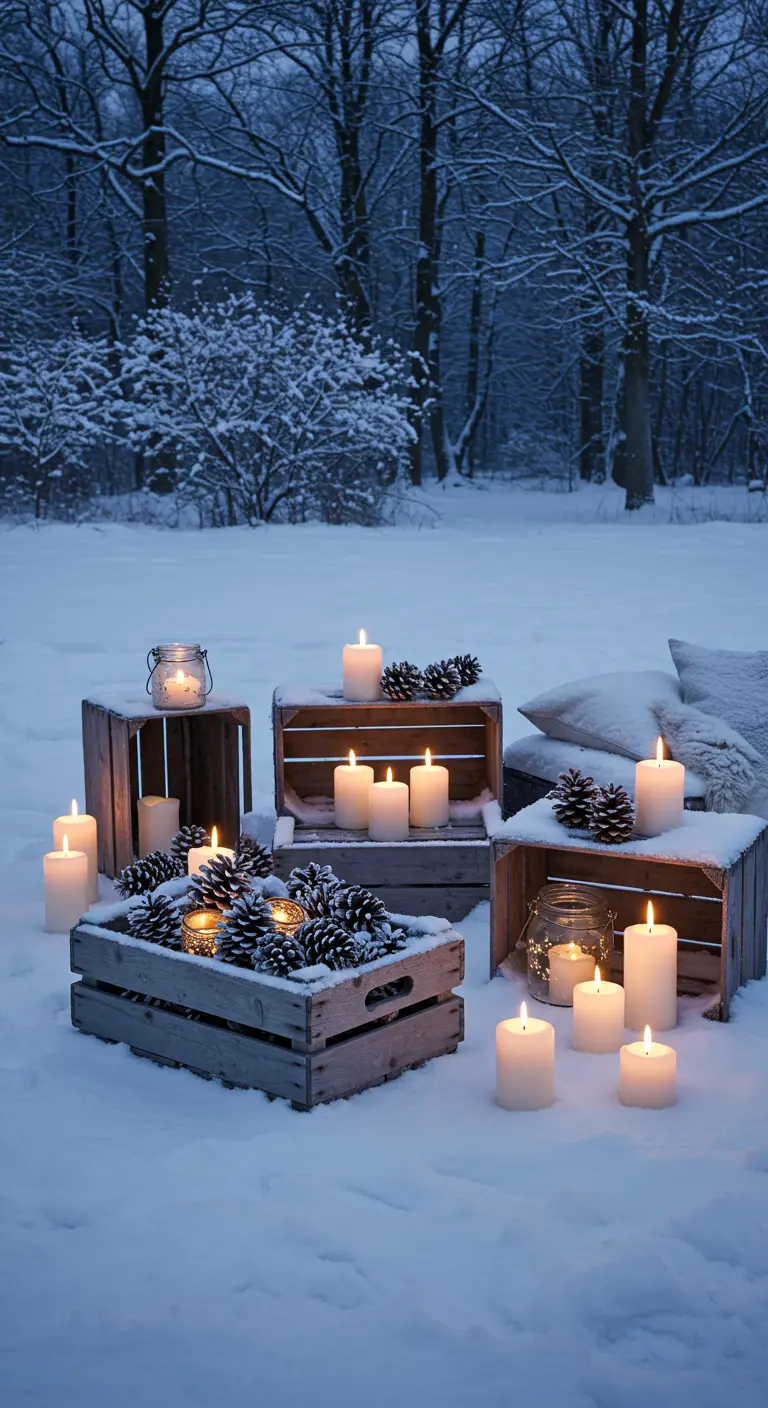 Scène nocturne dans la neige avec de nombreuses bougies allumées sur et autour de caisses en bois.