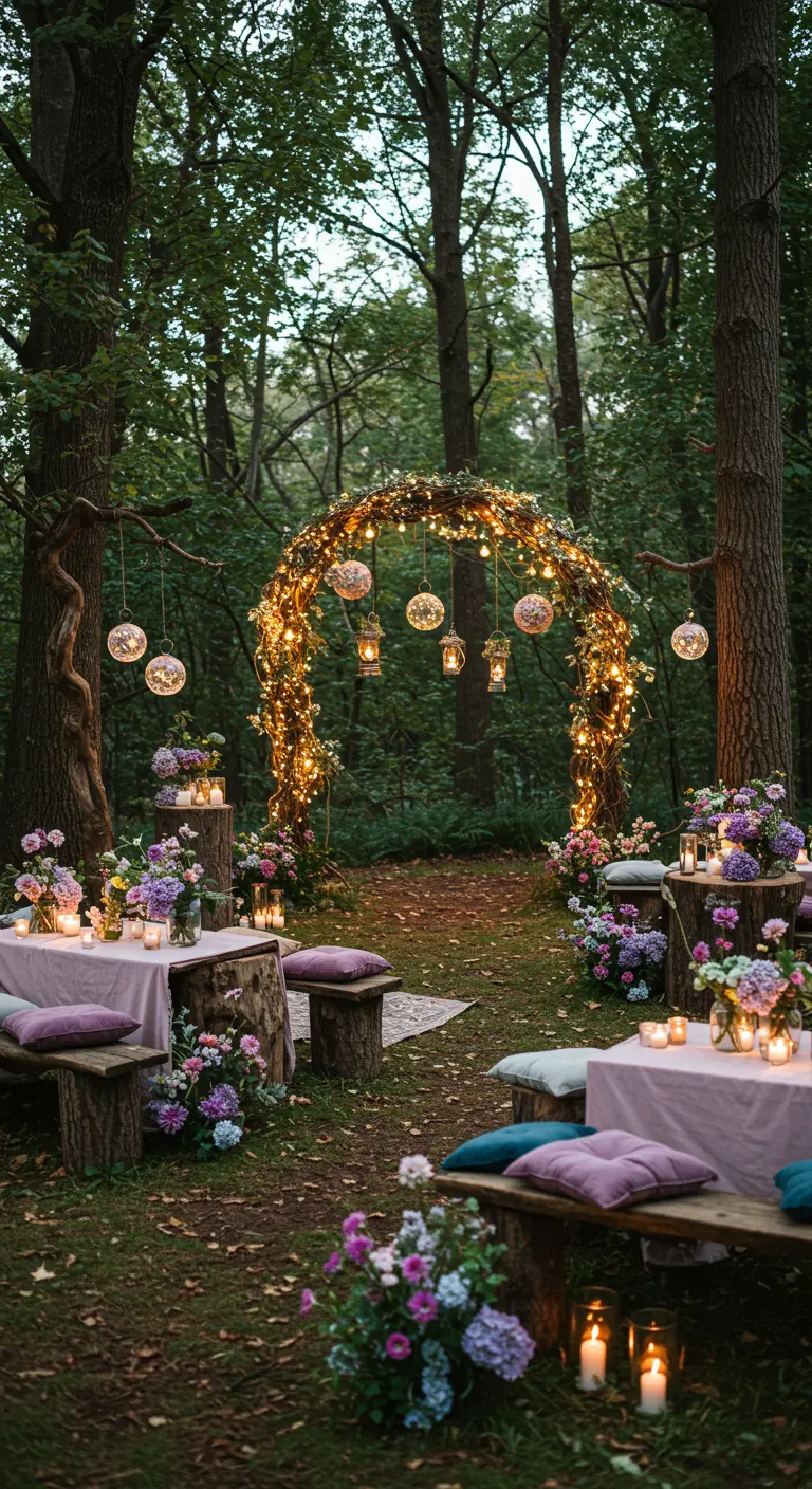 Décor de fête en forêt avec une arche illuminée, des lanternes suspendues et des tables basses.