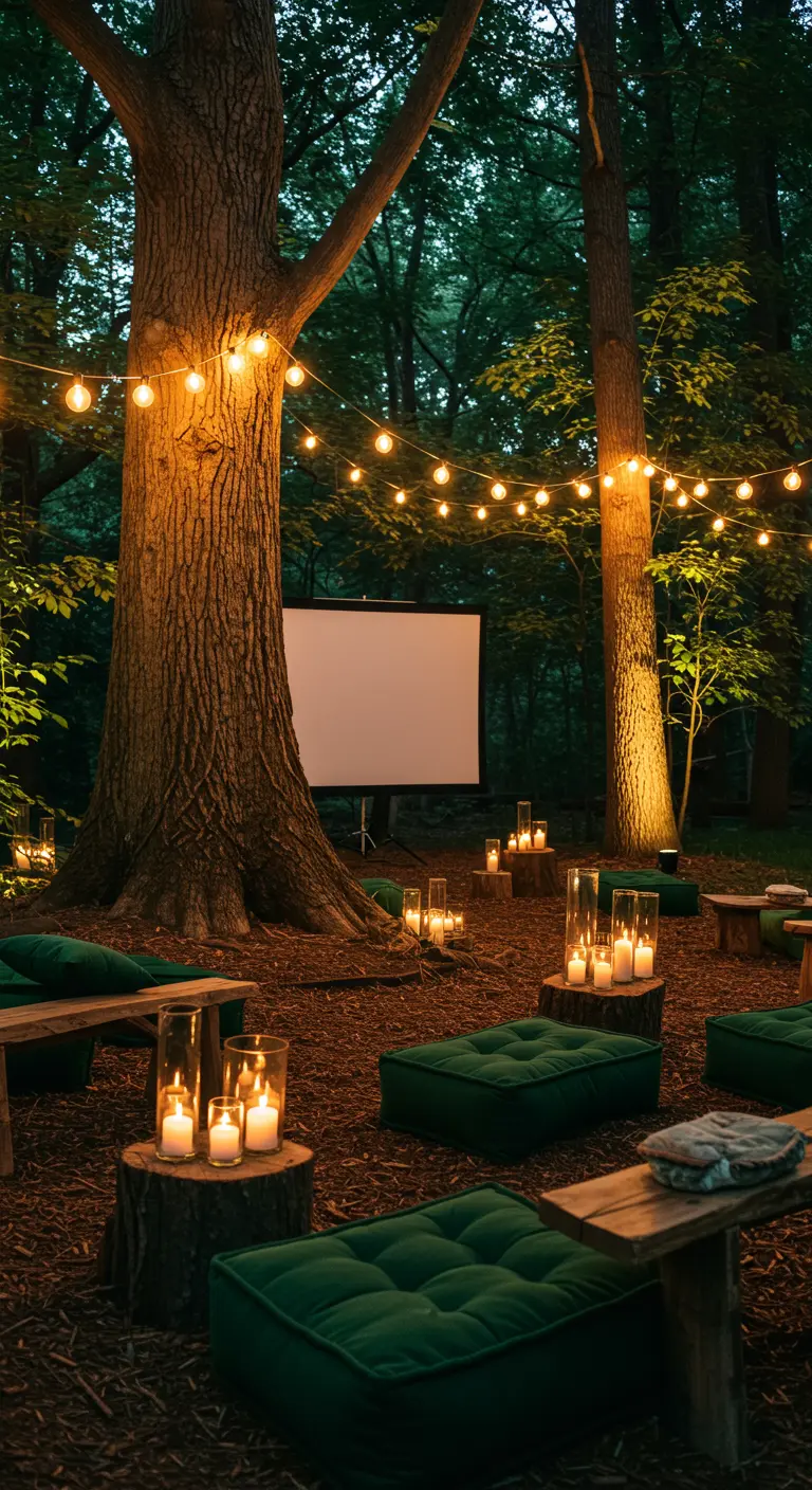 Cinéma en plein air dans une forêt avec des coussins et de nombreuses bougies dans des photophores.