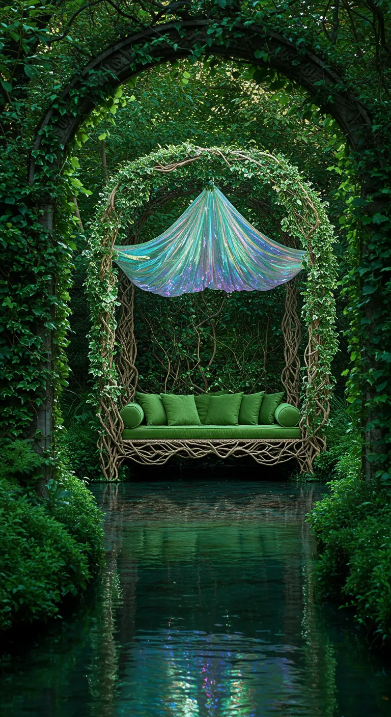 Banc en bois flotté sous une arche végétale avec un voile irisé