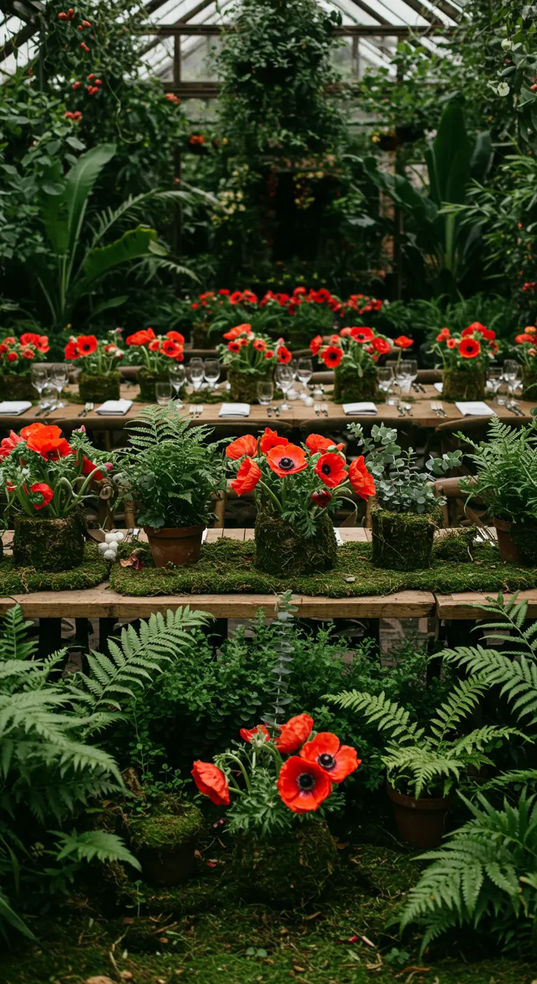 Table de mariage luxuriante décorée de mousse, de fougères et de coquelicots rouges en pot.