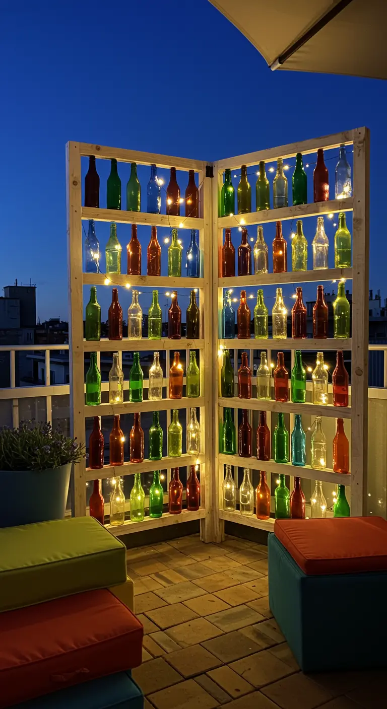 Paravent en bois rempli de bouteilles en verre coloré et illuminé par une guirlande.