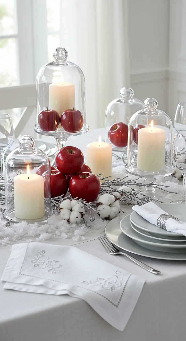 Table blanche avec cloches en verre abritant bougies et pommes rouges, fausse neige et coton.