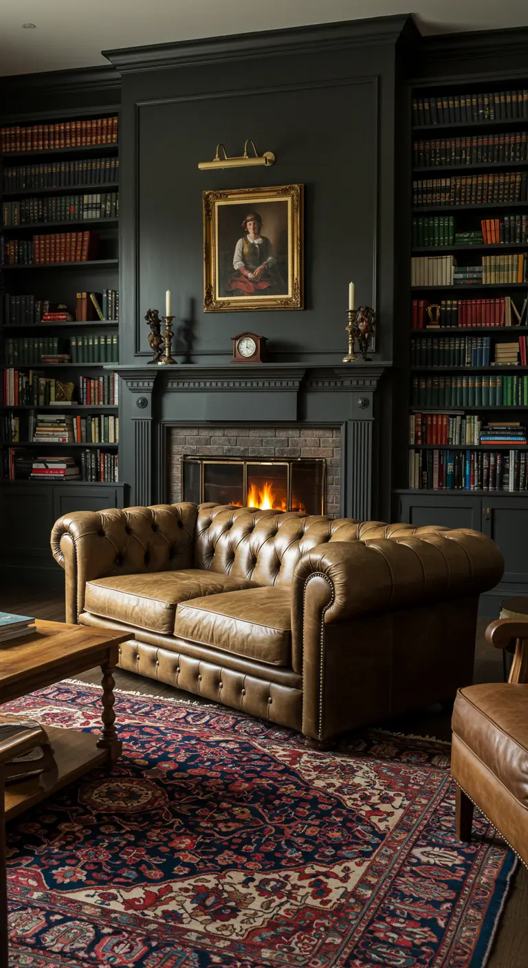 Canapé Chesterfield en cuir devant une cheminée, posé sur un tapis oriental rouge et bleu.