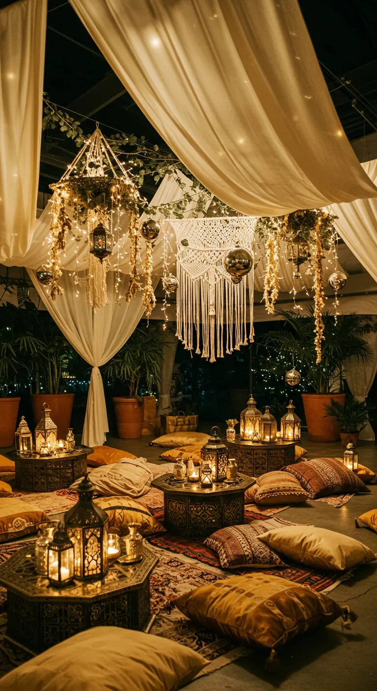 Salon d'extérieur de style bohème avec voilages, coussins au sol, lanternes et suspensions lumineuses.