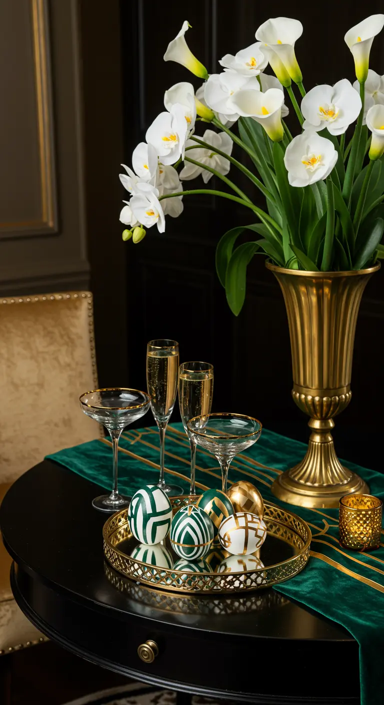 Coin apéritif de Pâques Art déco avec des œufs verts et dorés et des coupes de champagne.
