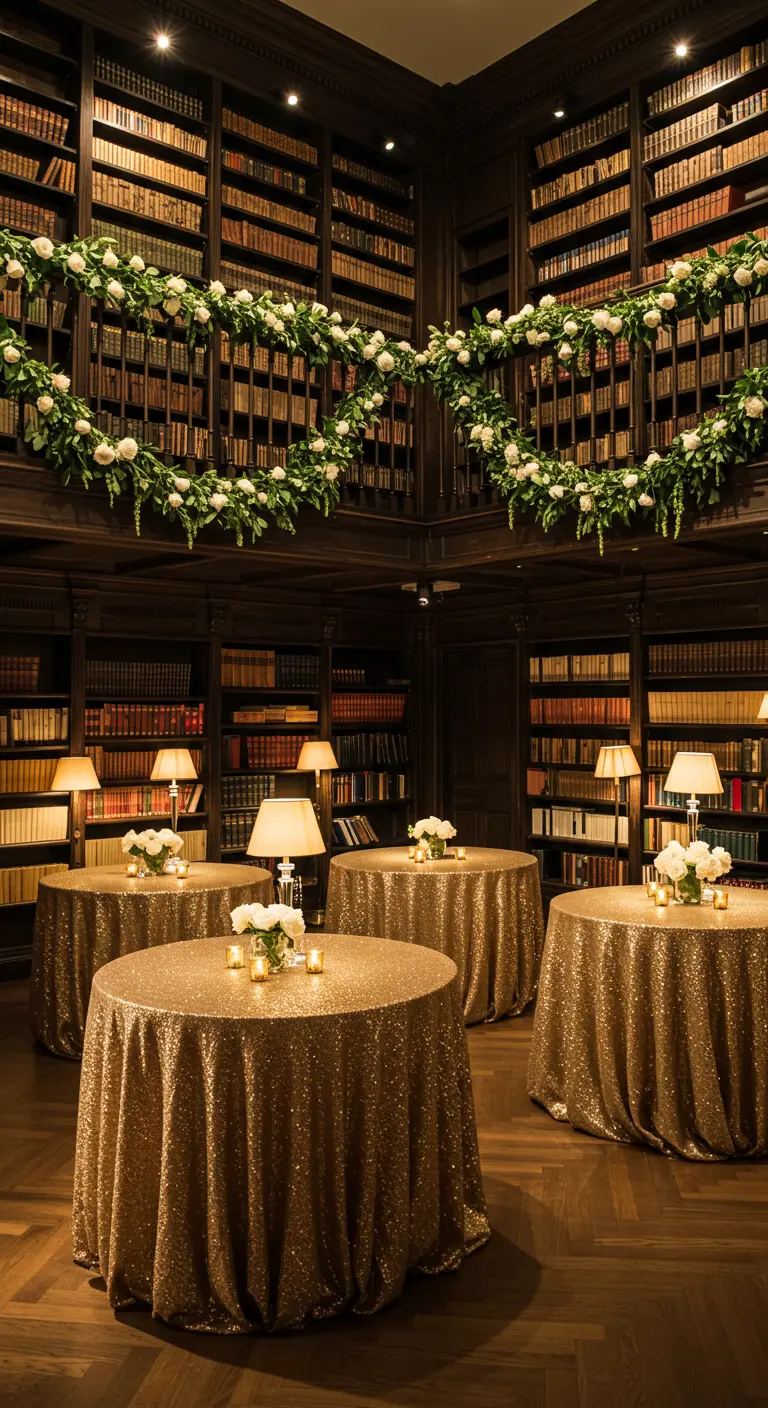 Réception cocktail dans une bibliothèque, avec des tables rondes couvertes de nappes à sequins dorés.