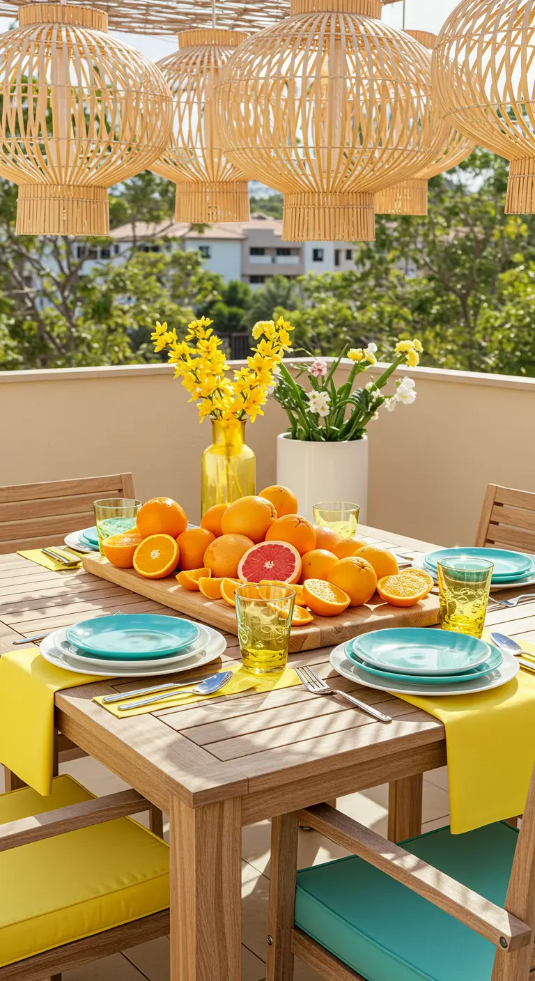 Table en bois ensoleillée avec des sets de table jaunes, des agrumes et de la vaisselle turquoise.