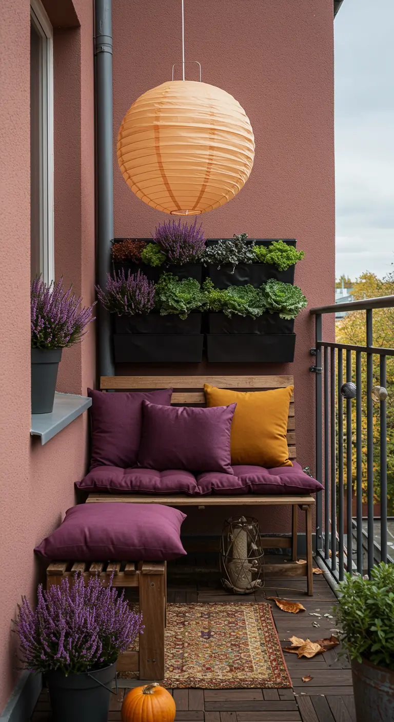 Balcon d'automne avec bruyère, coussins colorés et jardin vertical.