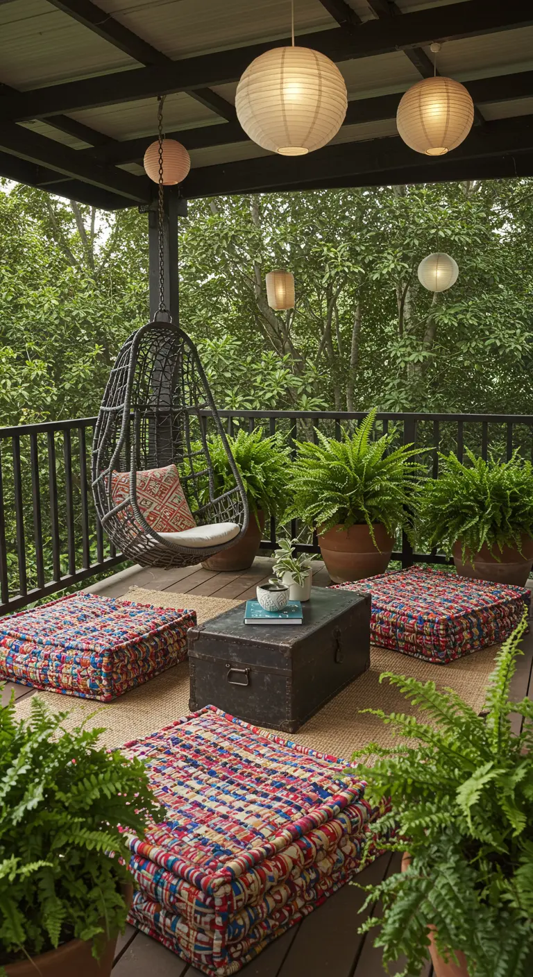 Balcon couvert de style bohème avec un fauteuil suspendu et des coussins de sol