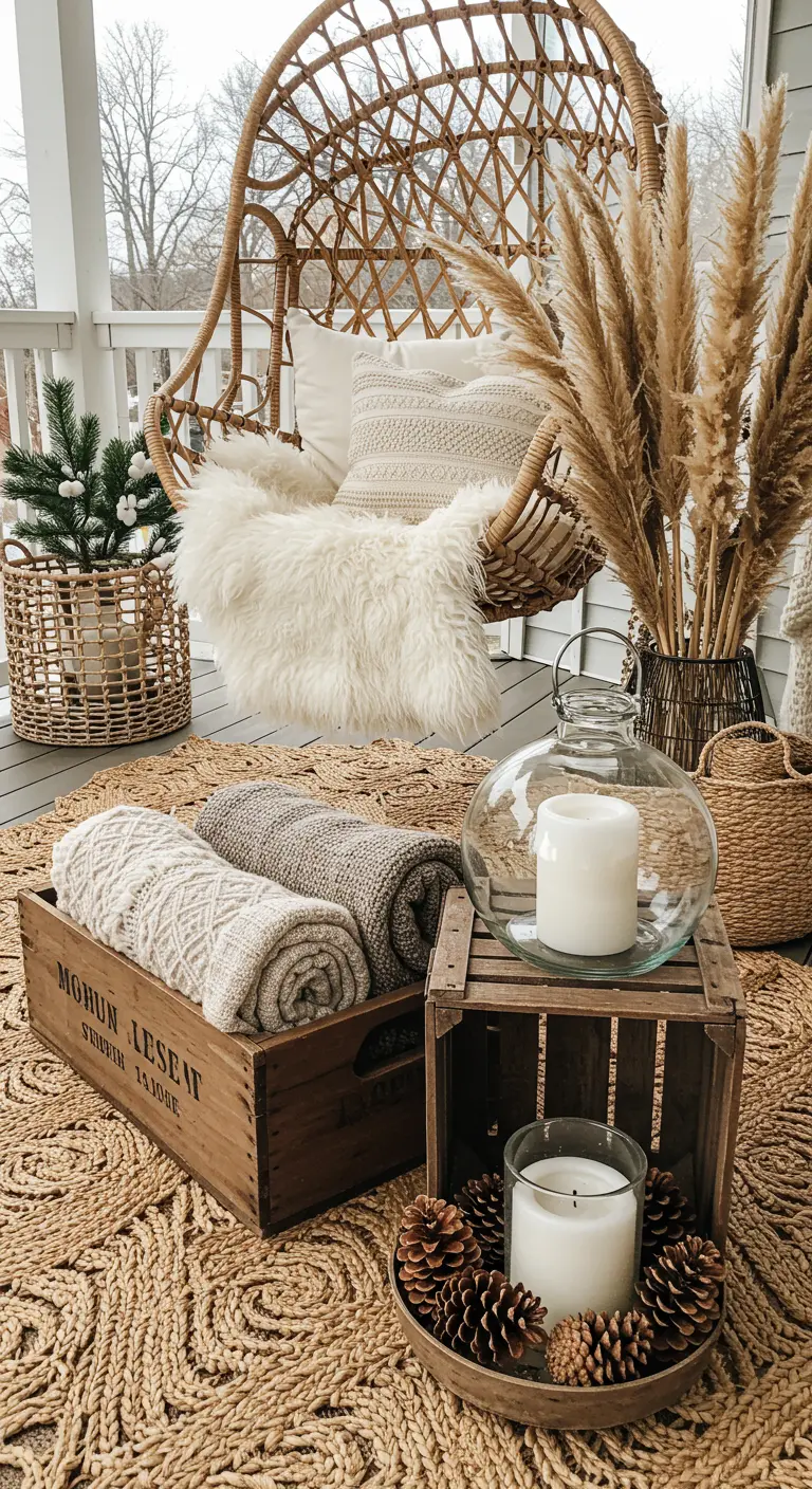 Coin terrasse bohème avec fauteuil suspendu, tapis en jute, plaids et caisses en bois.