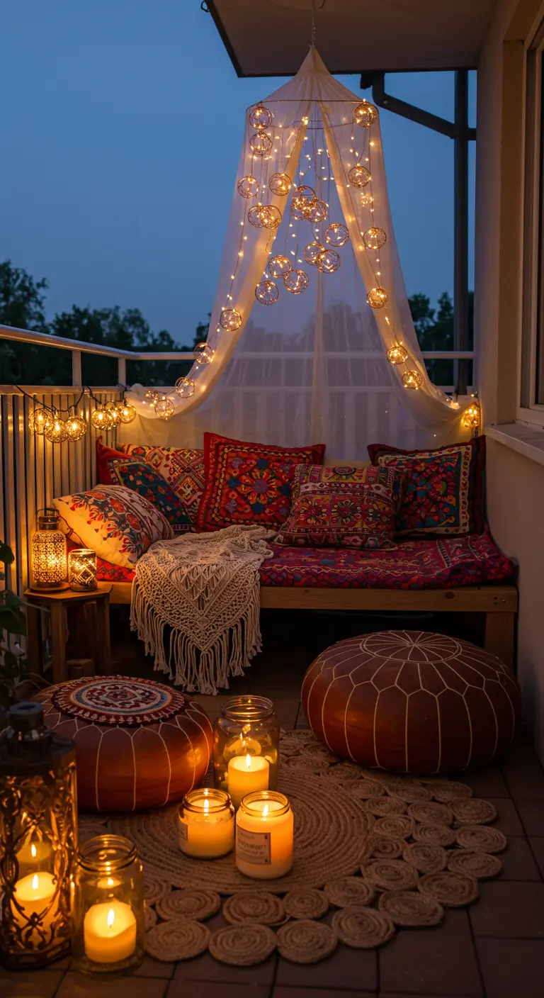 Balcon bohème avec banquette, coussins colorés, voilage et guirlandes lumineuses.