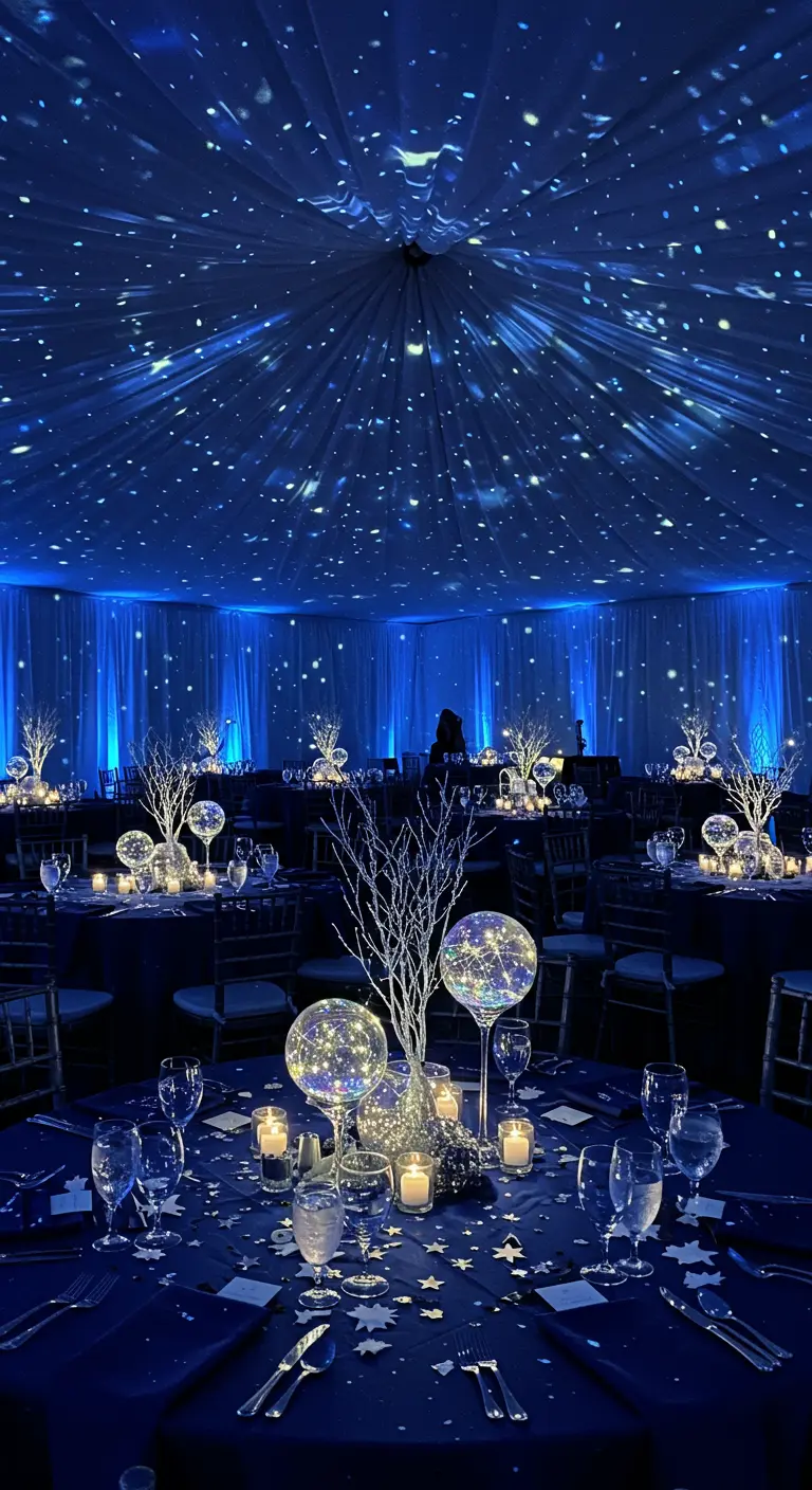 Tente événementielle avec projection d'étoiles bleues au plafond, tables bleues, branches et sphères lumineuses.