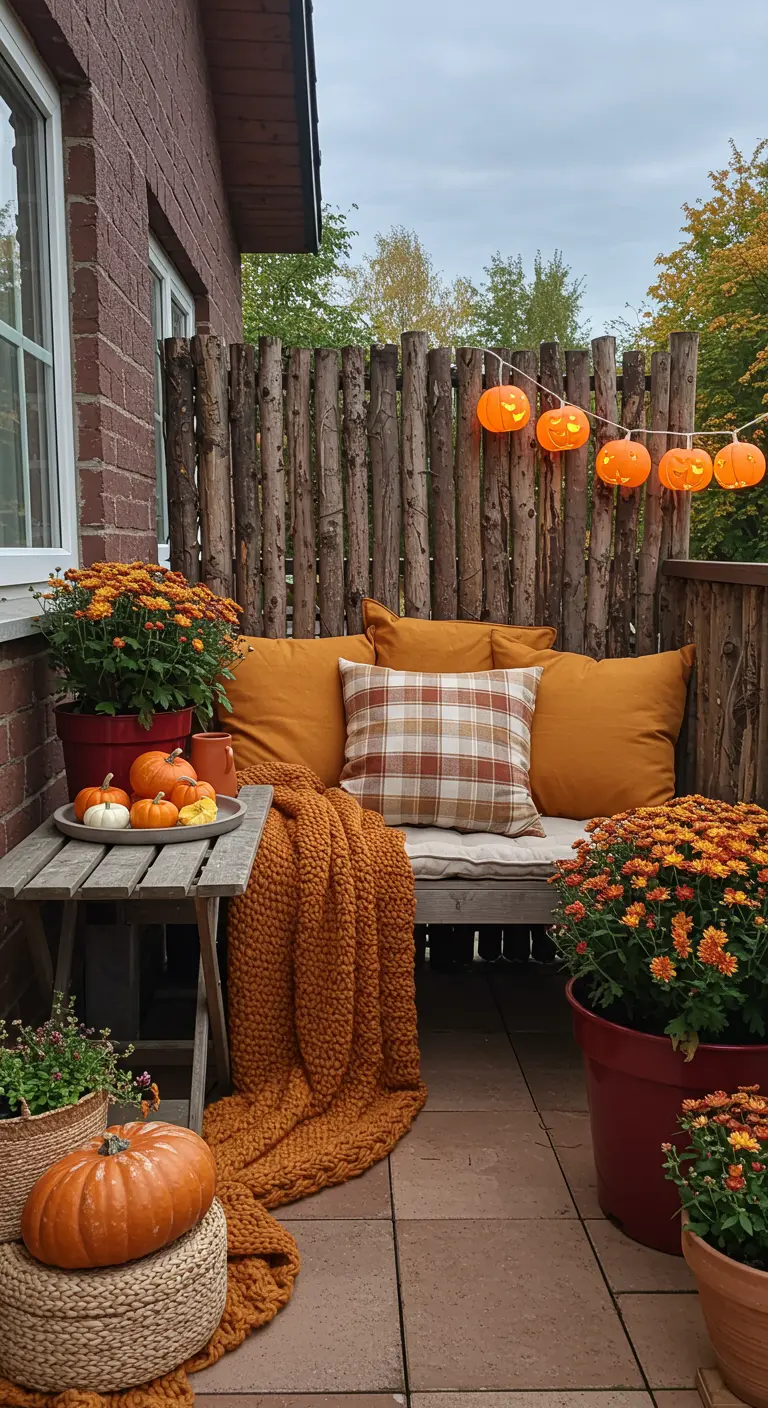 Balcon décoré pour l'automne avec citrouilles, plaids et chrysanthèmes.