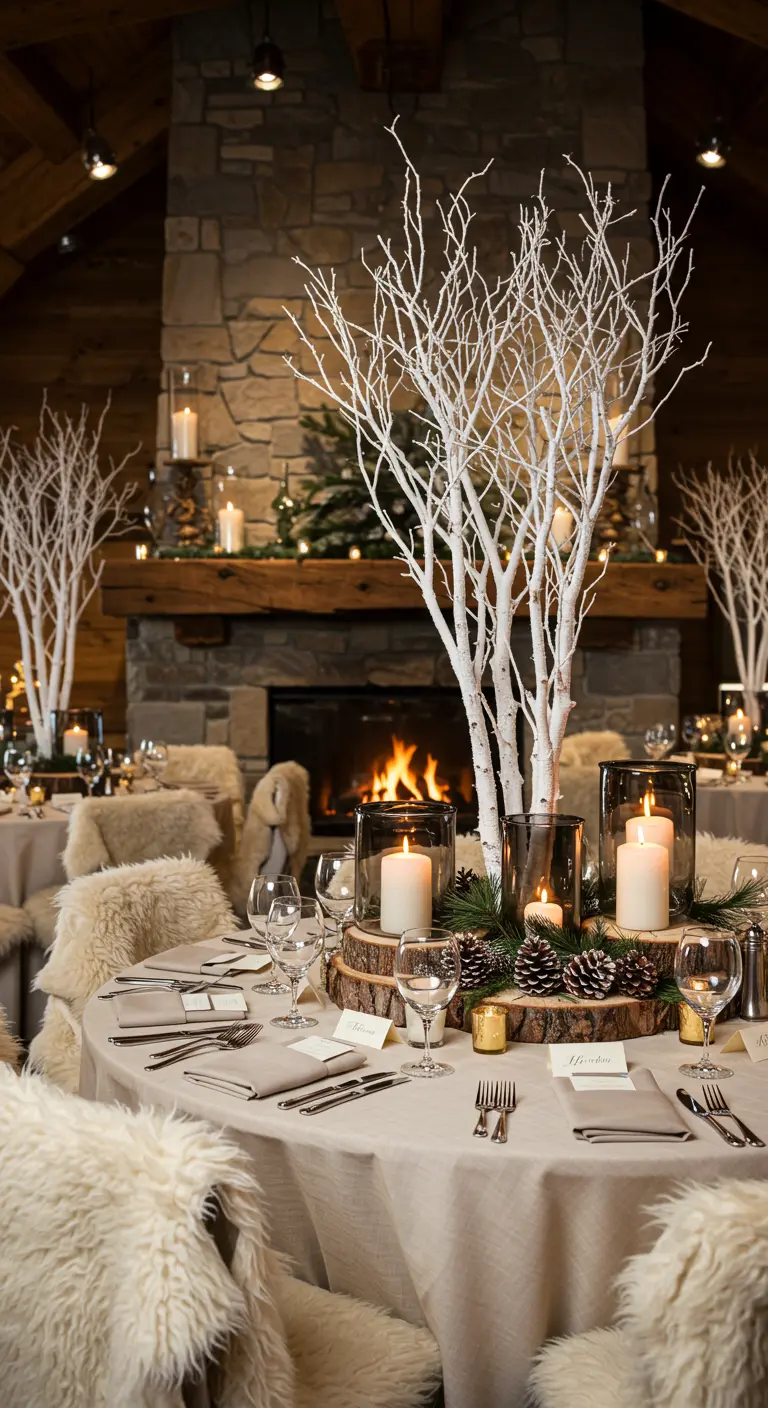 Table de mariage ronde avec centre de table en bois, bougies et fausse fourrure sur les chaises.