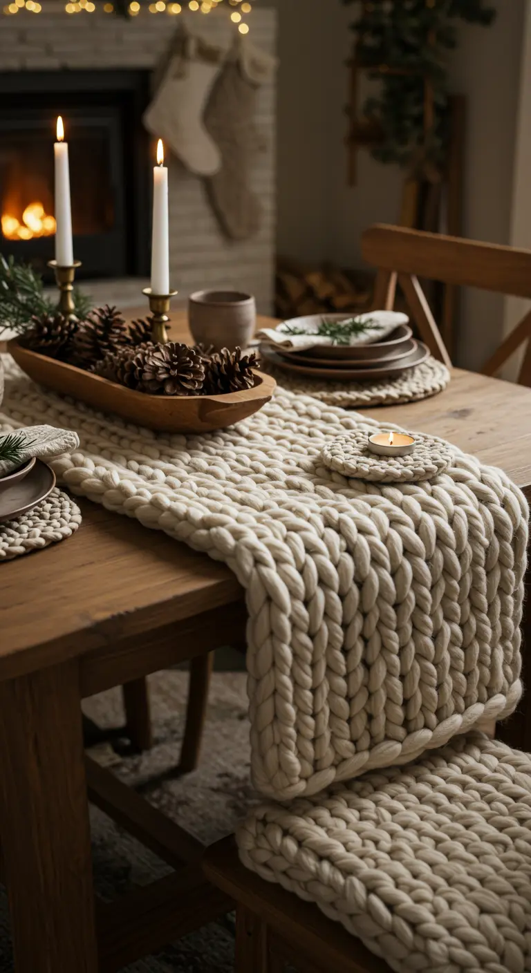 Chemin de table en tricot de laine épaisse couleur crème sur une table en bois avec des pommes de pin.