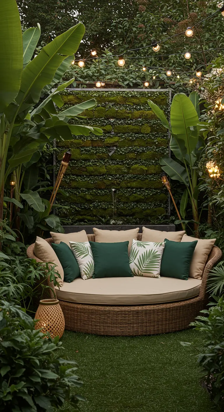 Coin détente tropical avec un mur végétal fontaine et un lit de jour rond.