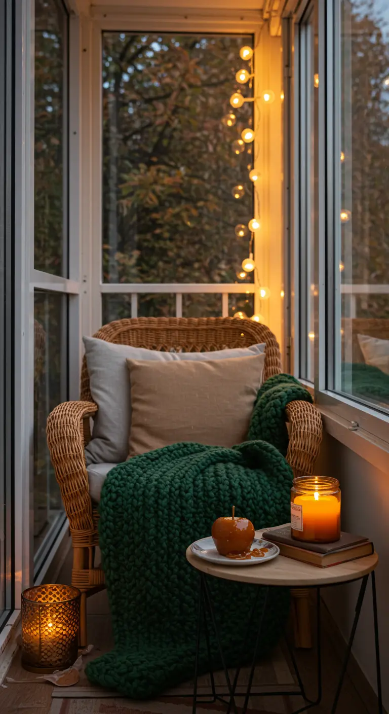 Coin lecture sur un balcon fermé avec fauteuil en osier et plaid vert.