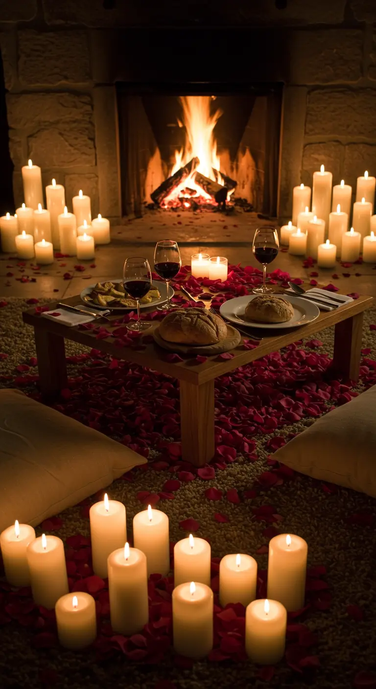 Dîner romantique au sol devant une cheminée, entouré de centaines de bougies et de pétales.