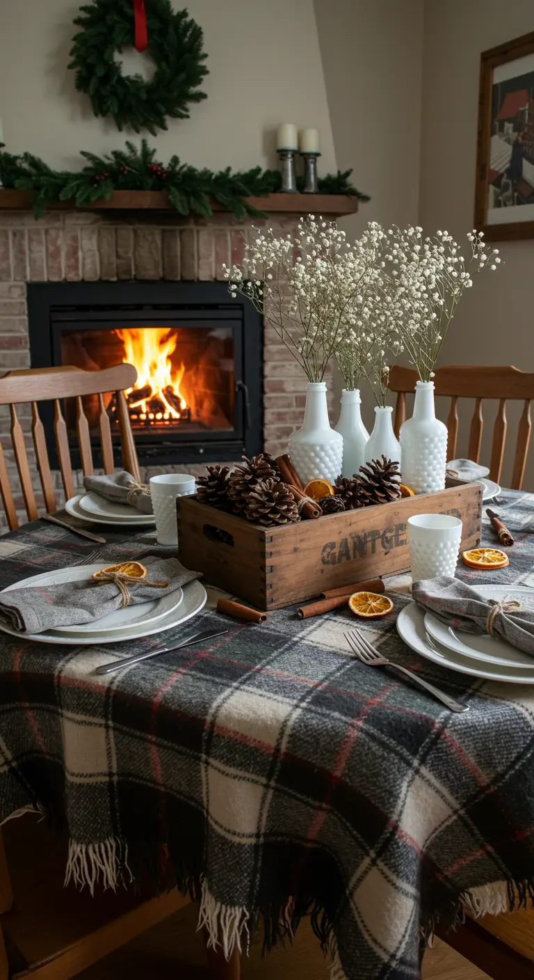 Centre de table hivernal avec gypsophile, pommes de pin et oranges séchées dans une caisse en bois.