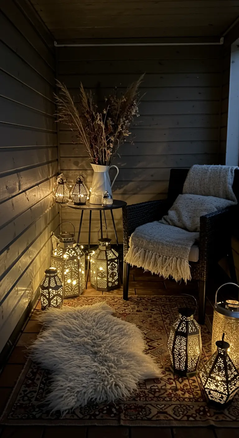 Coin balcon cosy avec lambris en bois, fauteuil, plaid, nombreuses lanternes marocaines et bouquet de pampas séchées.