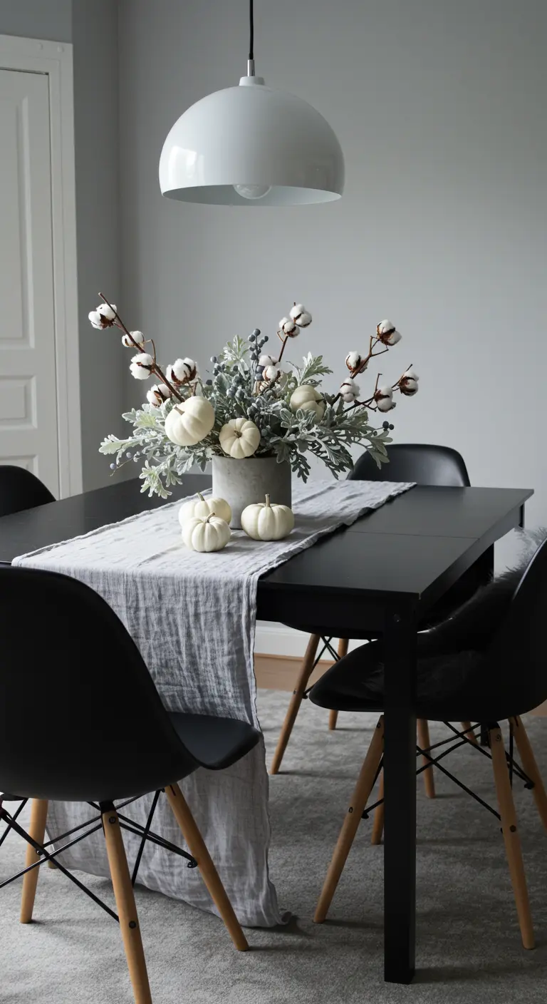 Table monochrome avec chemin de table gris, branches de coton et citrouilles blanches.