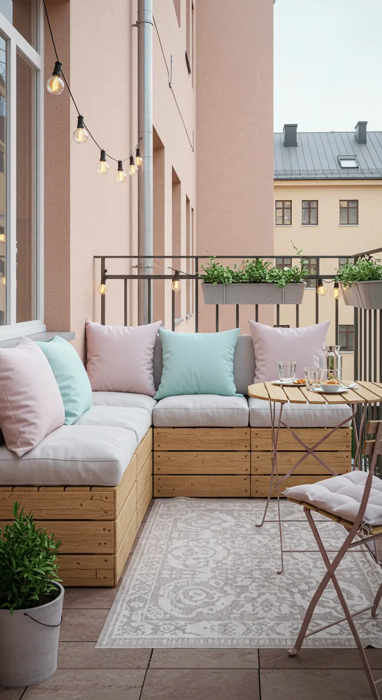 Petite banquette en bois clair sur balcon, coussins pastel, guirlande lumineuse.