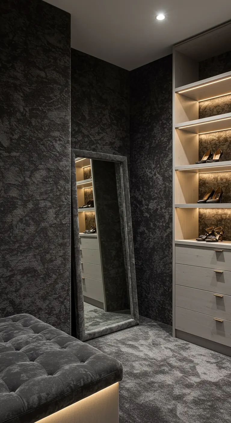 Dressing aux murs texturés gris foncé avec un banc en velours et des niches en bois clair.