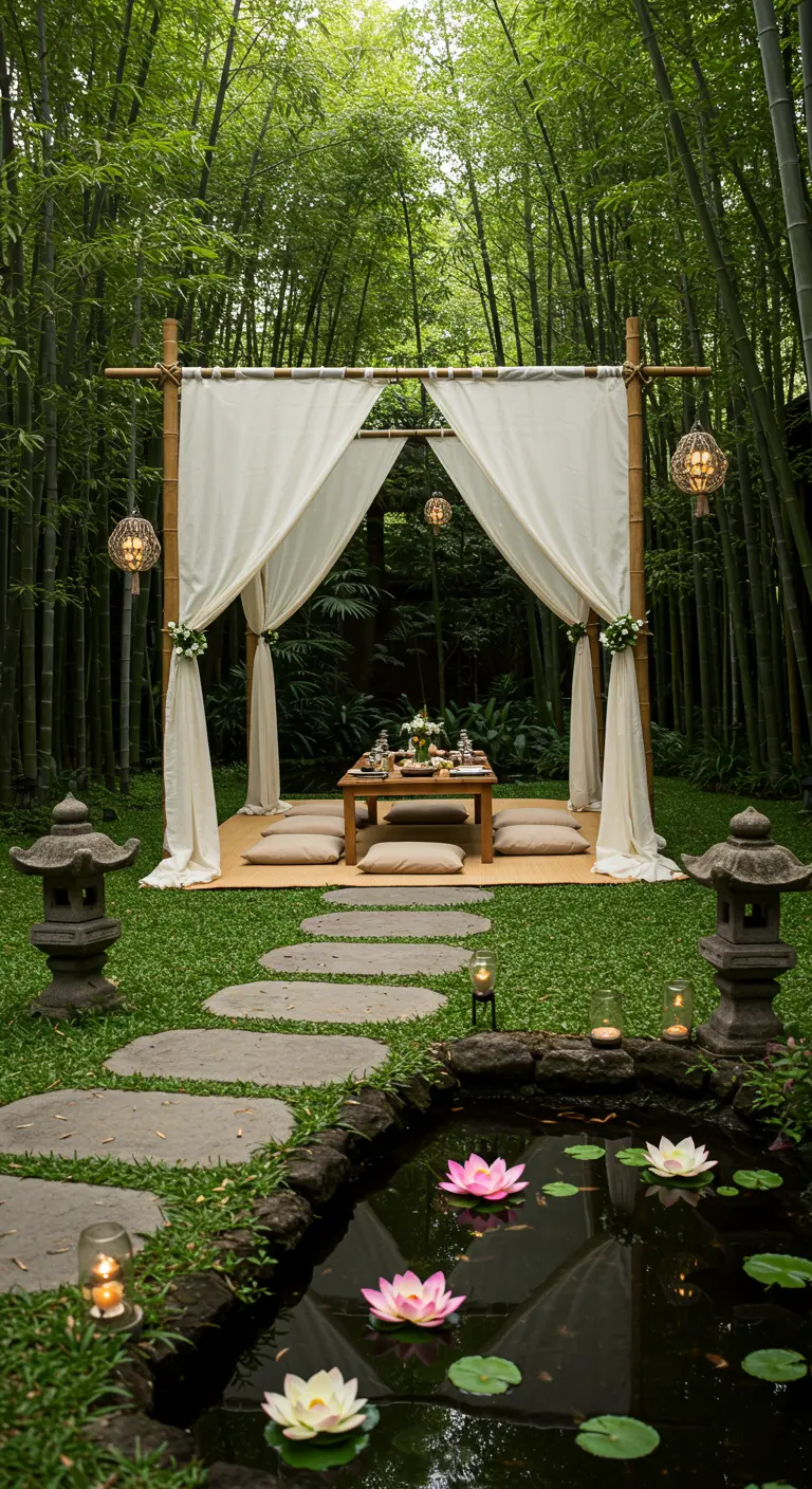 Tonnelle en bambou avec voilages blancs dans un jardin luxuriant.