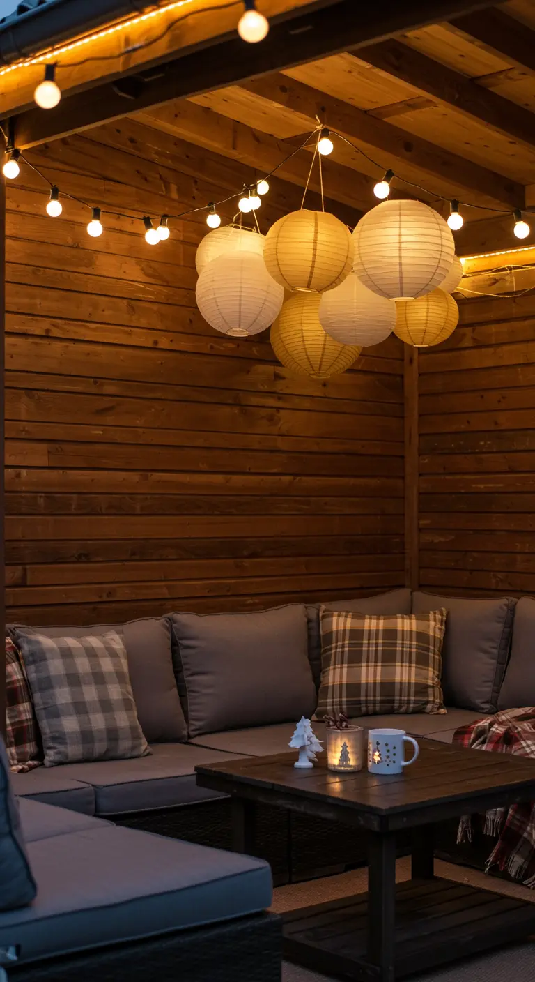 Intérieur de gazebo en bois avec canapé, coussins à carreaux, guirlandes et lampions suspendus.