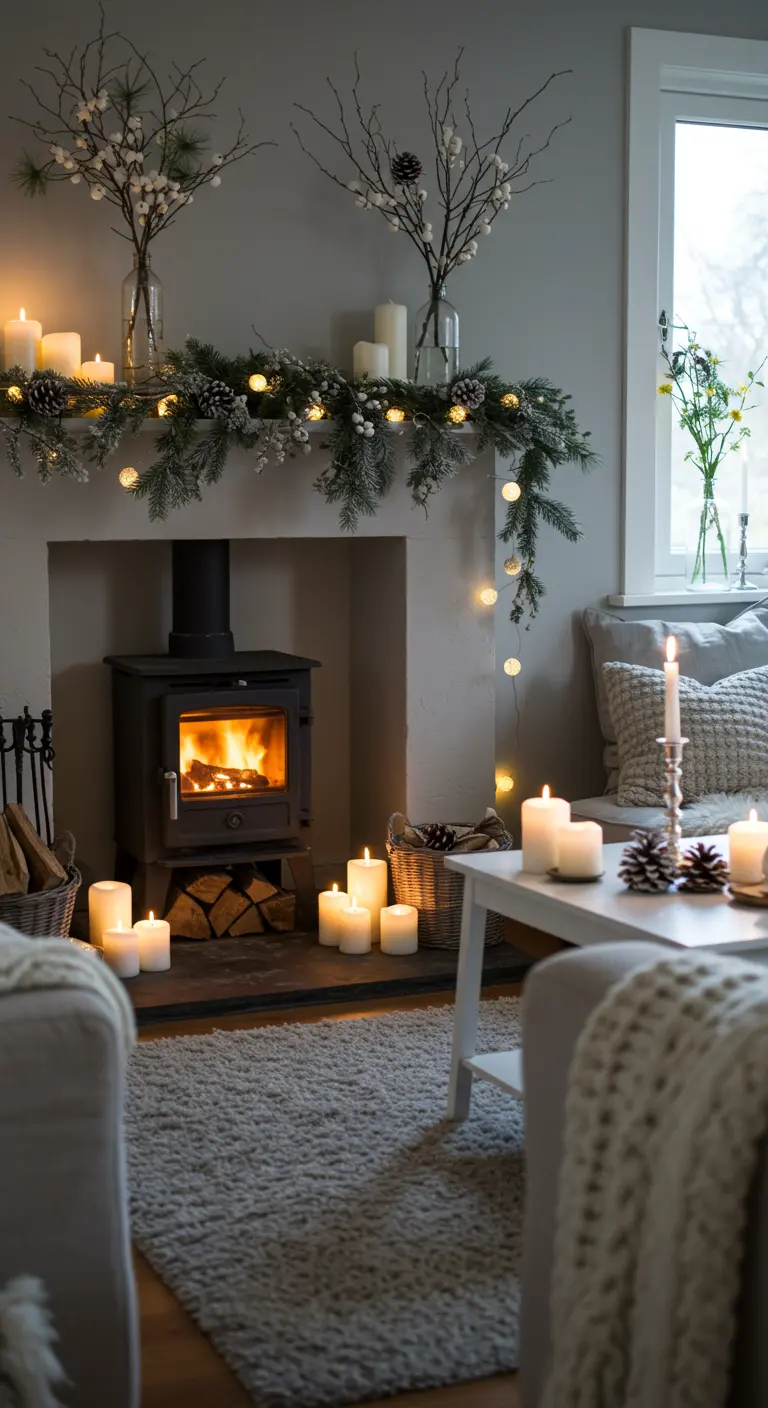 Cheminée rustique avec guirlande de sapin enneigée, boules lumineuses et bougies ambiance hivernale.