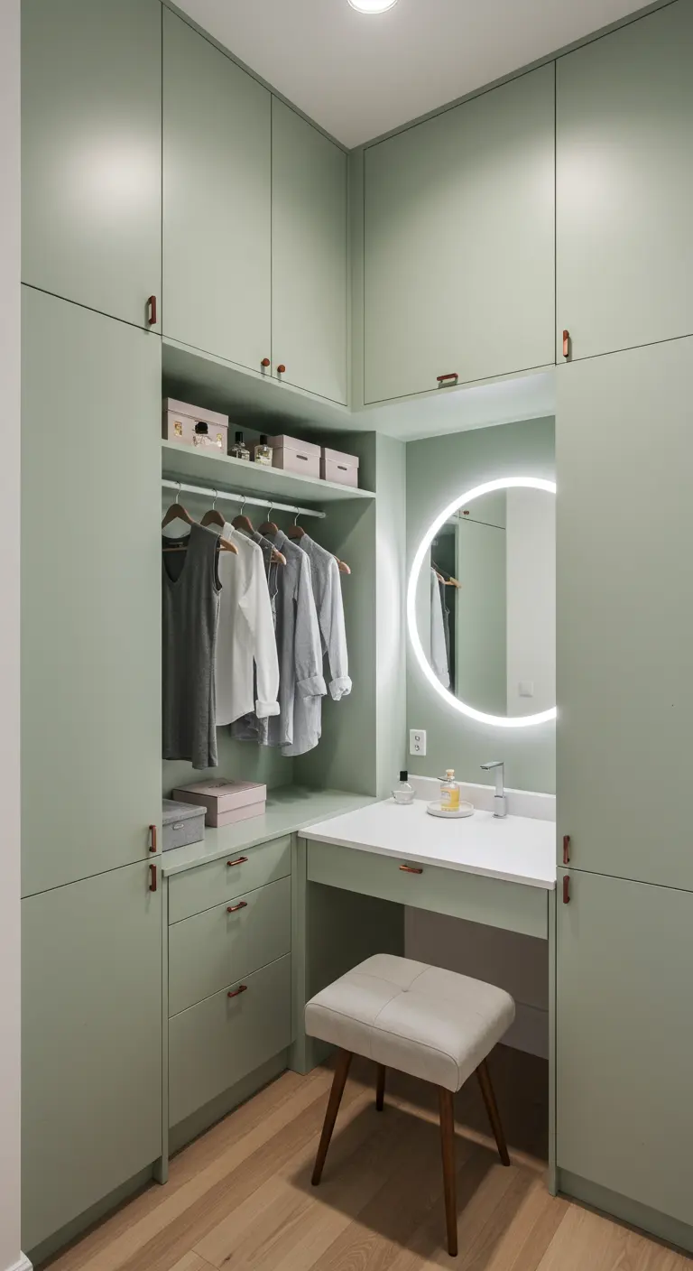 Dressing vert sauge avec coin maquillage, miroir LED rond, tringle et rangements intégrés.