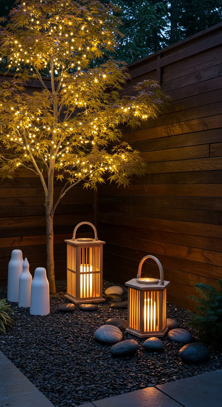 Coin de jardin zen avec un arbre illuminé de guirlandes, lanternes en bois et galets.