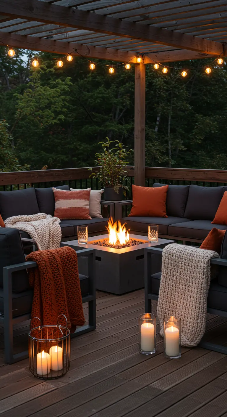 Terrasse en bois avec coin feu, canapés gris, plaids orange et guirlandes lumineuses.