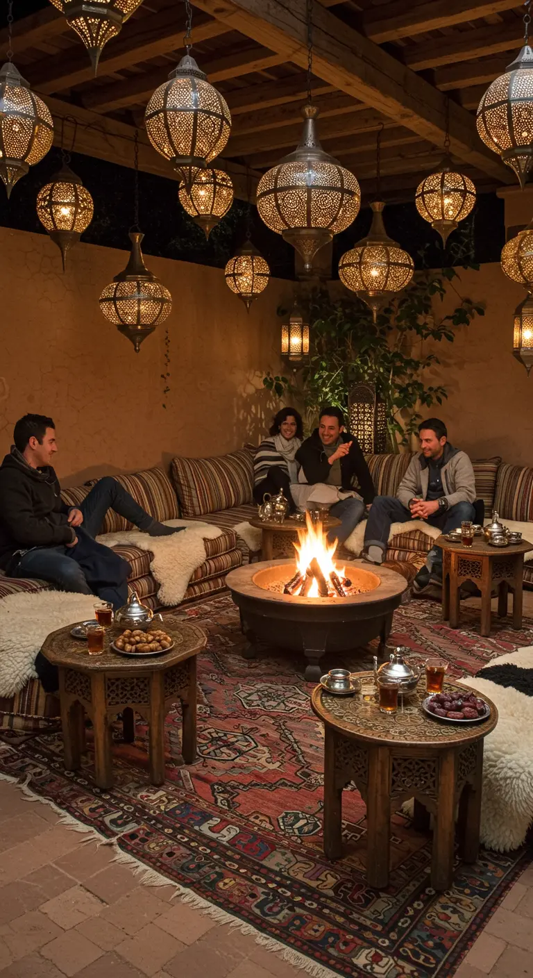 Salon marocain en plein air avec brasero, canapés, tapis et lanternes, des amis discutant.