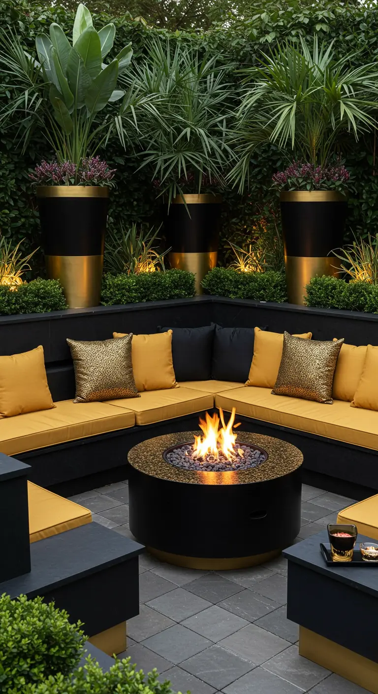 Coin terrasse avec banquette noire, coussins jaunes, foyer central et pots décoratifs.