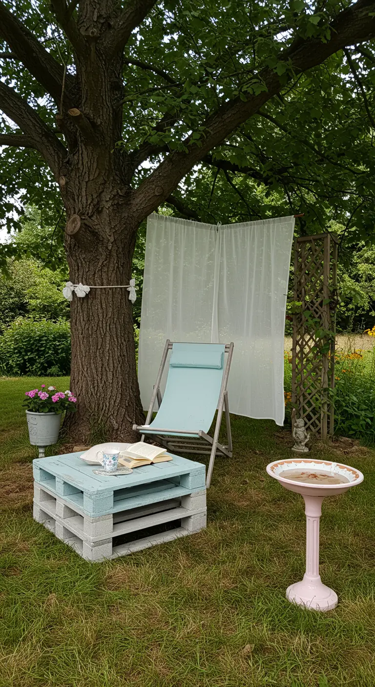 Coin lecture avec table palette bleu clair, transat et rideau blanc sous un arbre.