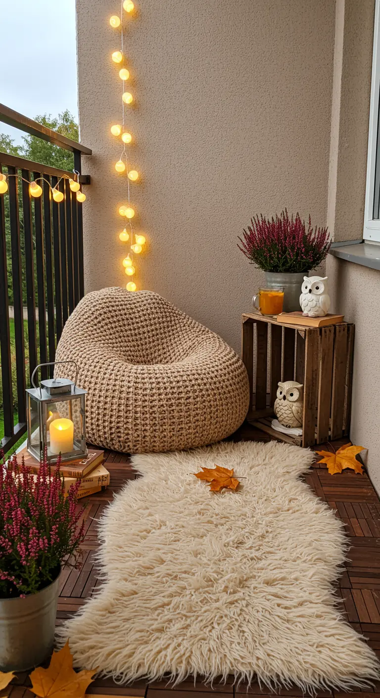 Balcon avec pouf en macramé, tapis en fausse fourrure, guirlandes lumineuses et décor automnal.