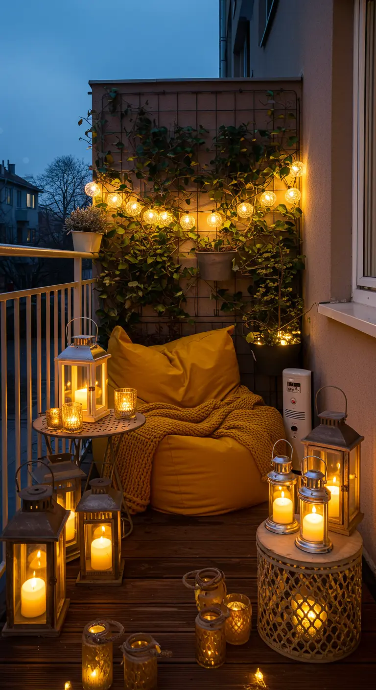 Petit balcon avec pouf jaune, plaid, treillis végétalisé avec guirlandes lumineuses et nombreuses lanternes.