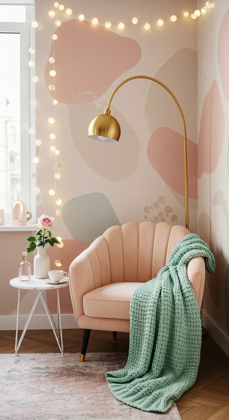Coin lecture avec mur pastel, fauteuil rose, plaid menthe et guirlande lumineuse.