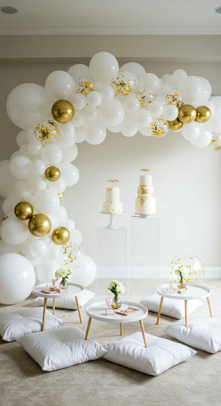 Arche de ballons blancs et dorés au-dessus de tables basses et de coussins posés au sol.