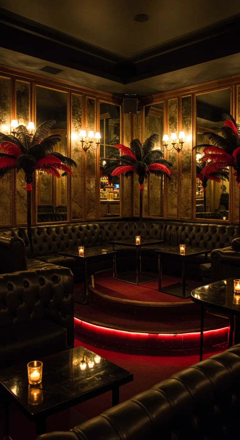 Salon sombre et luxueux avec canapés en cuir, miroirs dorés et décorations de palmiers rouges.