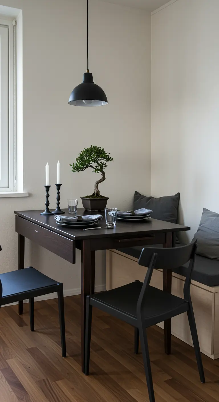 Petit coin repas Japandi avec table à rabats foncée, banquette, bonsaï et chandeliers noirs.