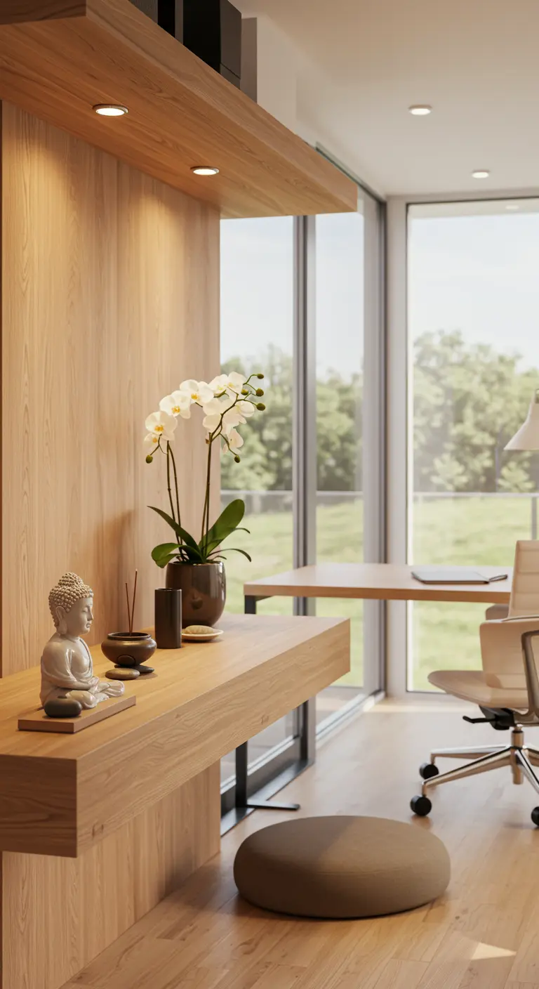 Coin méditation zen avec statue de Bouddha, orchidée et encens sur une étagère flottante en bois clair.