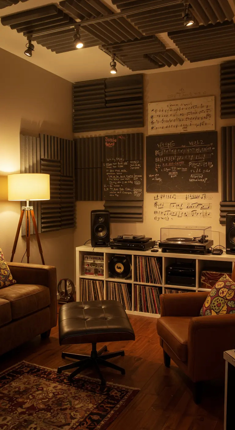Chambre/studio musical avec panneaux acoustiques gris, tableau noir et éclairage chaleureux.
