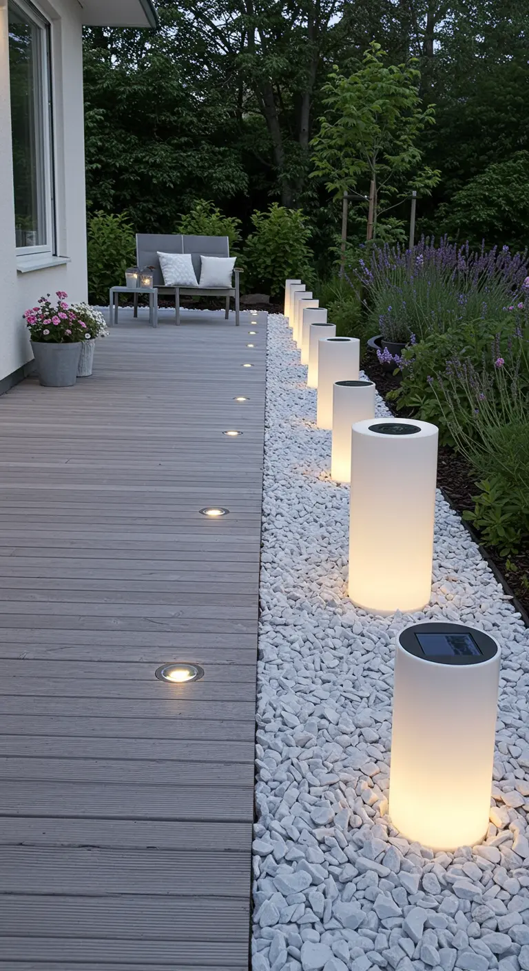 Terrasse en bois bordée par des potelets lumineux cylindriques dans du gravier.