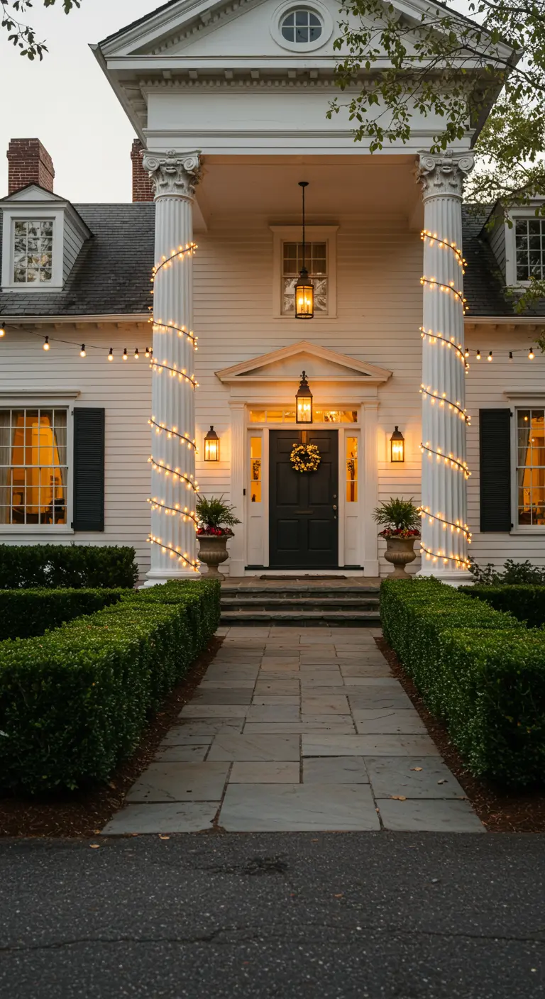 Maison blanche à colonnes, décorées de guirlandes lumineuses en spirale, chemin bordé de buis.