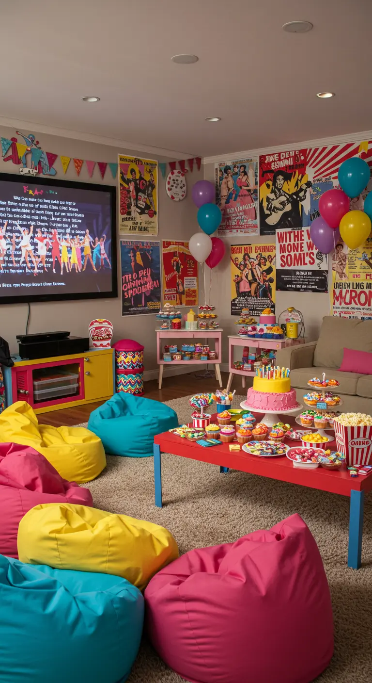 Fête d'enfant colorée avec poufs, ballons et buffet de bonbons devant un film.