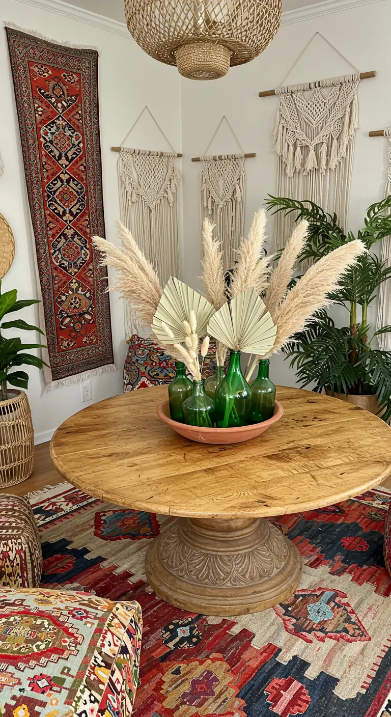 Centre de table bohème avec herbe de la pampa et feuilles de palmier dans des bouteilles vertes.